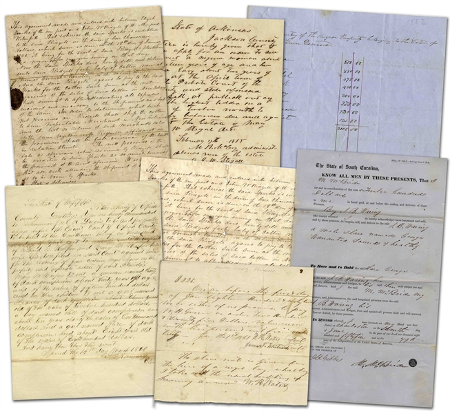 Lot of Seven 19th Century Slave Documents -- ''Bill of Sale'' for Slaves, Taxes Levied for Slave Property, Inventory List of Slaves, Court Order to Recover Slaves, Etc.